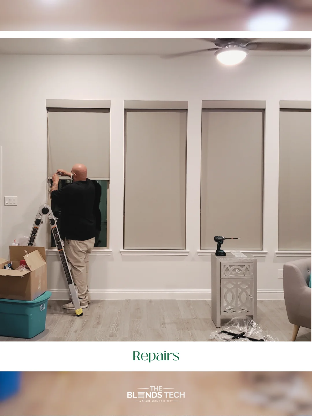 The Blinds Tech technician installing roller shades in a Houston home