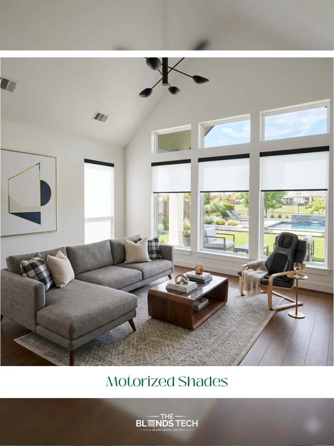 motorized roller shades in a bright Houston living room with floor-to-ceiling windows